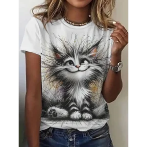 Kadın Kısa Kollu Bisiklet Yaka Kedi Baskılı Süprem Bluz