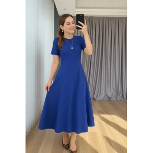 Kadın Kısa Kollu Bisiklet Yaka Maksi Boy Ithal Krep Elbise