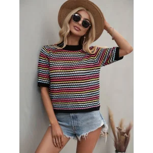 Kadın Kısa Kollu Bisiklet Yaka Renkli şerit Detaylı Triko Bluz