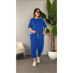 Kadın Kısa Kollu Bisiklet Yaka Viskon Iki Iplik Bluz Ve Pantolon Ikili Takım