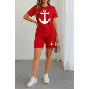 Kadın Kısa Kollu çapa Baskılı Viskon Ikili Takım