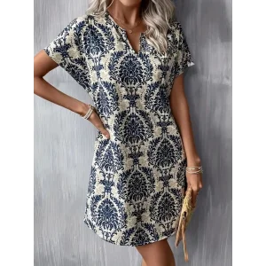 Kadın Kısa Kollu çentik Yaka çiçek Desenli Keten Elbise