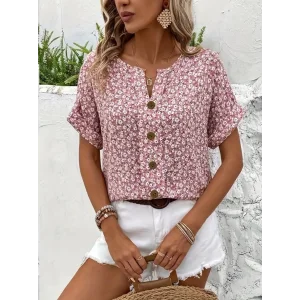 Kadın Kısa Kollu çentikli V Yaka Ve Düğme Detaylı çiçek Desenli Süprem Bluz