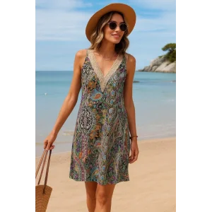 Kadın Kısa Kollu Dantel V Yakalı Desenli Süprem Elbise