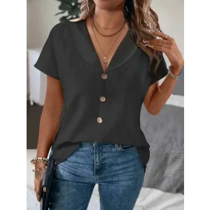 Kadın Kısa Kollu Derin V Yakalı Düğmeli Ithal Keten Bluz