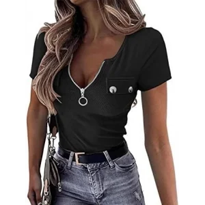 Kadın Kısa Kollu Fermuarlı Cep Detay Kaşkorse Bluz