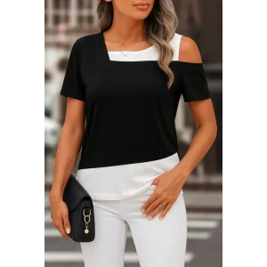 Kadın Kısa Kollu Geometrik Kesin Detaylı çift Renkli Viskon Bluz