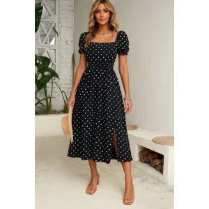 Kadın Kısa Kollu Geometrik Yaka Yırtmaçlı Puantiyeli Midi örme Krep Elbise