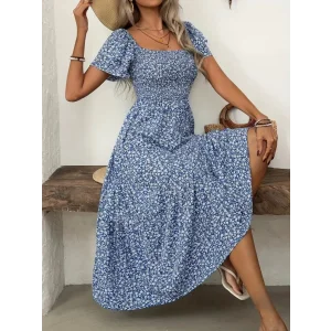 Kadın Kısa Kollu Gipe Detaylı Desenli Midi Süprem Elbise