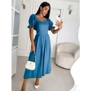 Kadın Kısa Kollu Kare Yaka Midi Boy Trikoton Kumaş Elbise