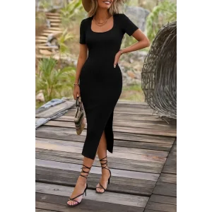 Kadın Kısa Kollu Kare Yaka Yandan Yırtmaçlı Fitilli Kaşkorse Elbise