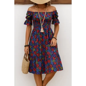 Kadın Kısa Kollu Kare Yakalı Beli Lastikli çiçek Desenli Mini Süprem Elbise
