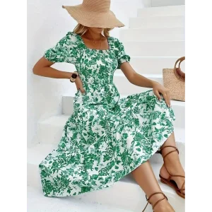 Kadın Kısa Kollu Kare Yakalı Lastikli Desenli Süprem Elbise