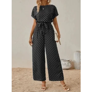 Kadın Kısa Kollu Kayık Yaka Belden Kuşaklı örme Krep Tulum