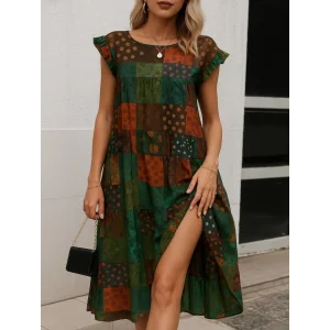 Kadın Kısa Kollu Kolları Fırfırlı Bisiklet Yakalı Kare Desenli Elbise