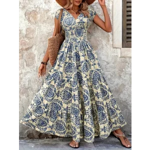 Kadın Kısa Kollu Kruvaze Yaka Beli Lastikli Süprem Maksi Boy Elbise