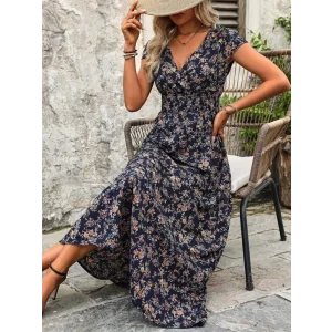 Kadın Kısa Kollu Kruvaze Yakalı çiçek Desenli Belden Lastikli Süprem Uzun Elbise