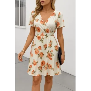 Kadın Kısa Kollu Kruvaze Yakalı Desenli Süprem Kısa Elbise