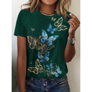 Kadın Kısa Kollu Mavi Sarı Kelebek Baskı Süprem T-shirt