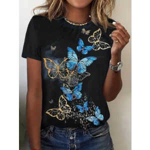 Kadın Kısa Kollu Mavi Sarı Kelebek Baskı Süprem T-shirt