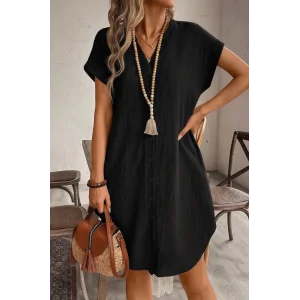 Kadın Kısa Kollu önden Düğmeli Ithal Keten Elbise