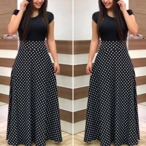 Kadın Kısa Kollu Puan Desen Tam Boy Krep Elbise