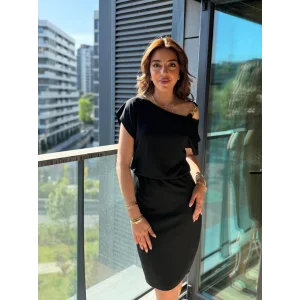 Kadın Kısa Kollu Tek Omuz Askı Ve Aksesuar Detay Beli Lastikli Krep Elbise