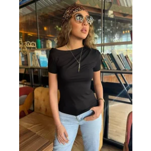 Kadın Kısa Kollu Tek Omuzu Açık Büzgülü Viskon Bluz