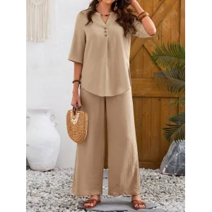 Kadın Kısa Kollu V Hakim Yaka Düğmeli Bürümcük Bluz Ve Pantolon Ikili Takım