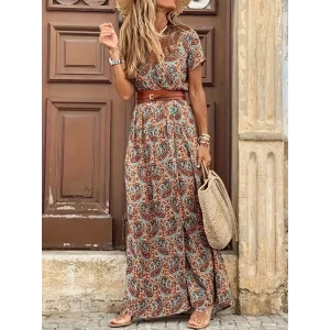 Kadın Kısa Kollu V Yaka Etnik Desenli Yırtmaç Detay Süprem Elbise (kemersiz)