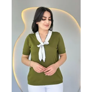 Kadın Kısa Kollu V Yaka Fular Detay Merserize Triko Bbluz