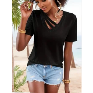 Kadın Kısa Kollu V Yaka şerit Detay Viskon Bluz