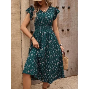 Kadın Kısa Kollu V Yakalı Beli Lastikli çiçek Desenli Süprem Elbise