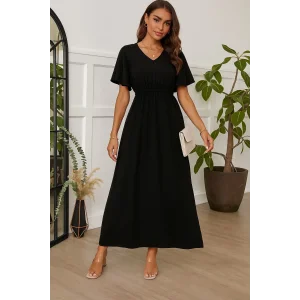 Kadın Kısa Kollu V Yakalı Beli Lastikli Uzun Viskon Elbise
