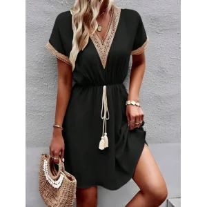 Kadın Kısa Kollu V Yakalı Belinde Bağcıklı Viskon Elbise