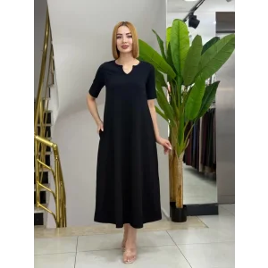 Kadın Kısa Kollu V Yakalı Cep Detaylı Uzun Janjan Krep Elbise