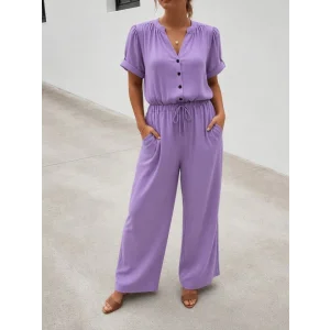 Kadın Kısa Kollu V Yakalı Cepli Dokuma Viskon Tulum