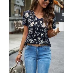 Kadın Kısa Kollu V Yakalı çiçek Baskılı Süprem Bluz
