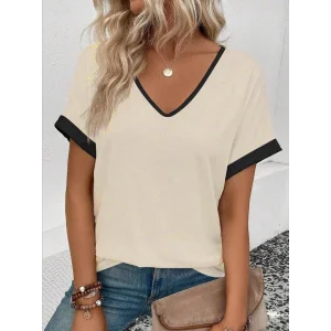 Kadın Kısa Kollu V Yakalı çift Renkli Viskon Bluz