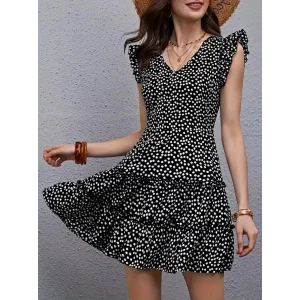 Kadın Kısa Kollu V Yakalı Desenli Fırfırlı Süprem Elbise