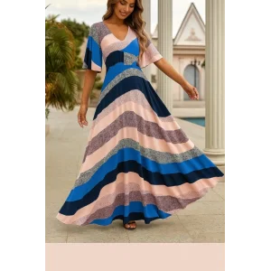 Kadın Kısa Kollu V Yakalı Desenli Süprem Elbise