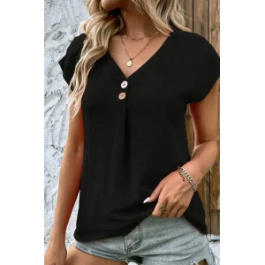 Kadın Kısa Kollu V Yakalı Düğmeli Keten Bluz