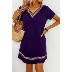 Kadın Kısa Kollu V Yakalı Etnik Desen şerit Detaylı Viskon Elbise