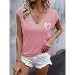 Kadın Kısa Kollu V Yakalı Kalp Baskılı Viskon Bluz
