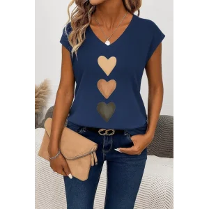 Kadın Kısa Kollu V Yakalı Kalp Desen Viskon Bluz