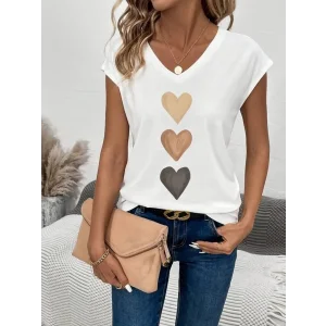 Kadın Kısa Kollu V Yakalı Kalp Desen Viskon Bluz