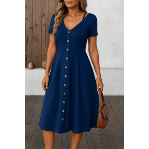 Kadın Kısa Kollu V Yakalı önden Düğmeli A Kesim Dokuma Elbise