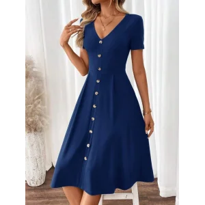Kadın Kısa Kollu V Yakalı önden Düğmeli A Kesim Dokuma Elbise