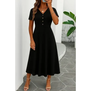 Kadın Kısa Kollu V Yakalı önden Düğmeli Yırtmaçlı Midi Viskon Elbise