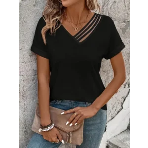Kadın Kısa Kollu V Yakalı şerit Detaylı Viskon Bluz
